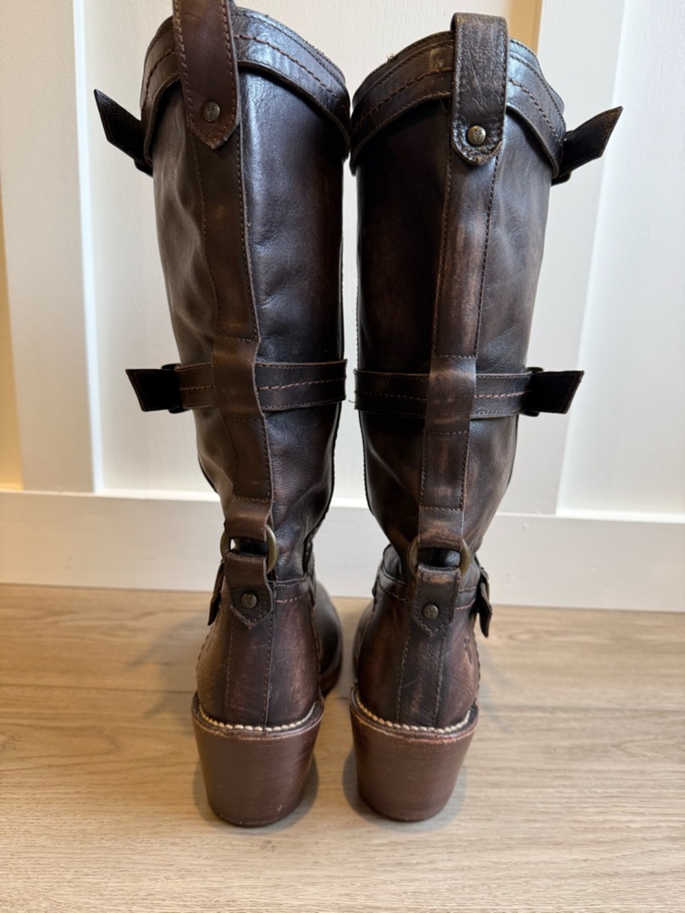 Frye Women's Dark Brown Distressed Leather Mid-Calf Carmen 3 Strap Boots - Picture 9 of 12